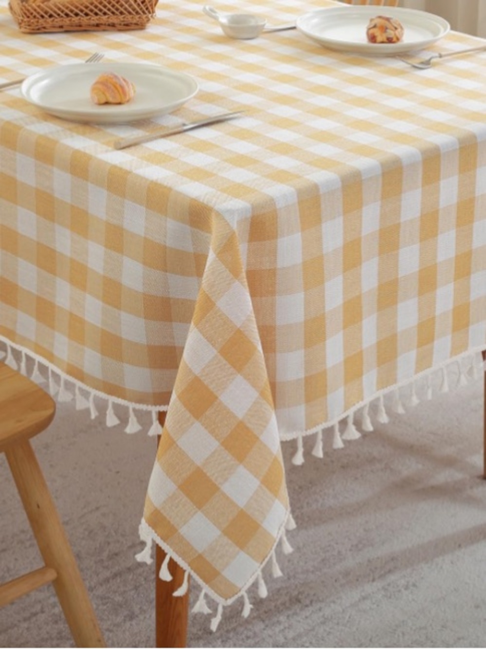 BUFFALO Checkered Gingham Tablecloth Tassel Trim Cotton SQUARE 55x55” YELLOW